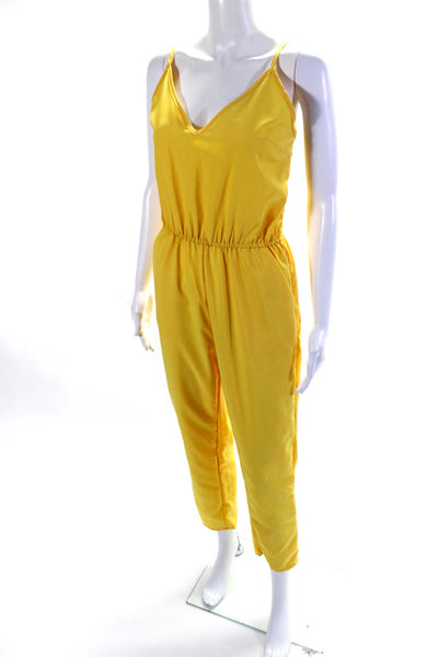 Ellelauri Women's V-Neck Spaghetti Straps Pockets Jumpsuit Yellow Size L