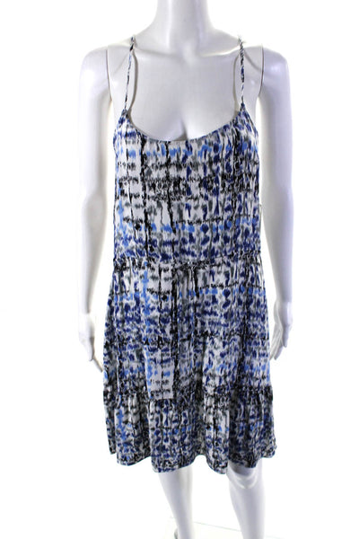Ellelauri Women's Scoop Neck Spaghetti Straps Tiered Mini Silk Dress Blue Size M
