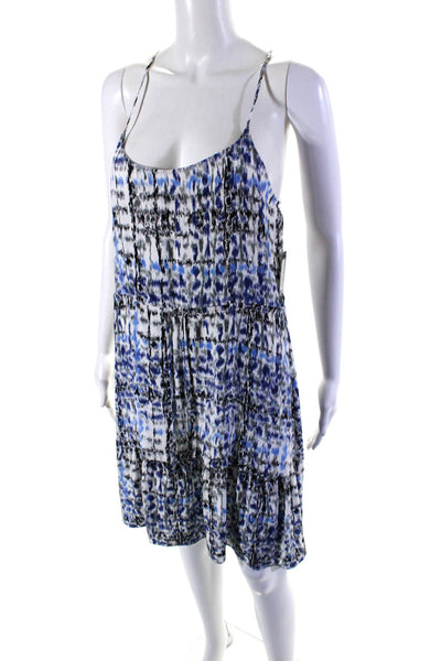 Ellelauri Women's Scoop Neck Spaghetti Straps Tiered Mini Silk Dress Blue Size M