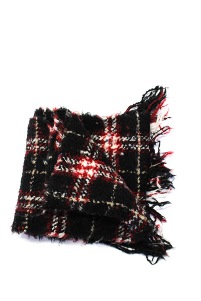 Burberry London Womens Plaid Fringe Trim Light Scarf Black Red Wool