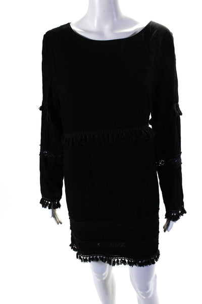Ellelauri Women's Round Neck Long Sleeves Tassel A-Line Mini Dress Black Size L