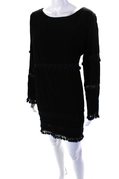 Ellelauri Women's Round Neck Long Sleeves Tassel A-Line Mini Dress Black Size L