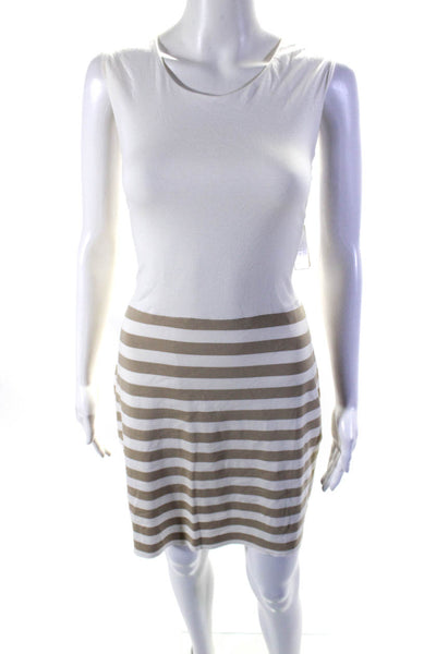 Ellelauri Women's Round Neck Sleeveless A-Line Mini Dress Beige Stripe Size L