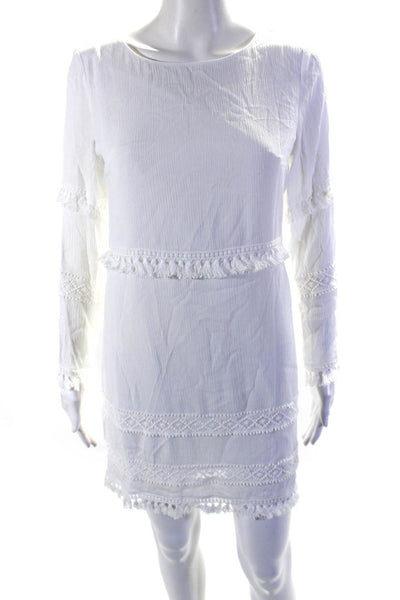 Ellelauri Women's Round Neck Long Sleeves Fringe A-Line Mini Dress White Size S