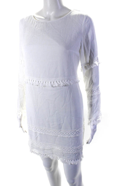 Ellelauri Women's Round Neck Long Sleeves Fringe A-Line Mini Dress White Size S