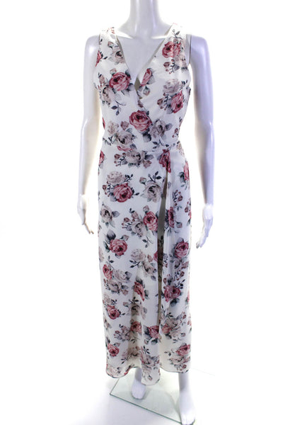 Ellelauri Women's V-Neck Sleeveless Belt Wrap Midi Dress White Floral Size M