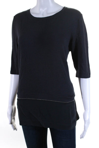 Caroline Freese Womens Silk Short Sleeve Beaded Trim Knit Blouse Gray Size 48