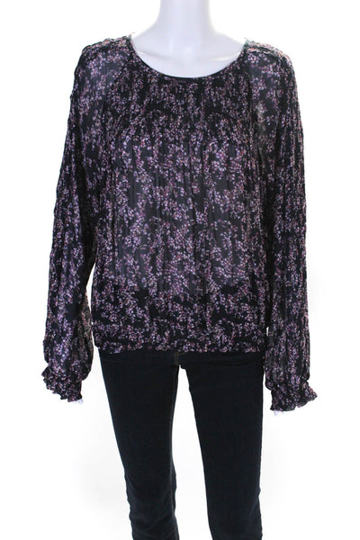 Rag & Bone Womens Black Pink Floral Scoop Neck Long Sleeve Blouse Top Size L