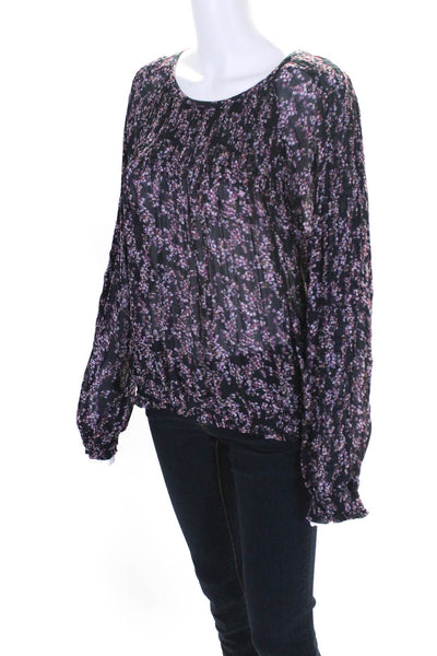 Rag & Bone Womens Black Pink Floral Scoop Neck Long Sleeve Blouse Top Size L