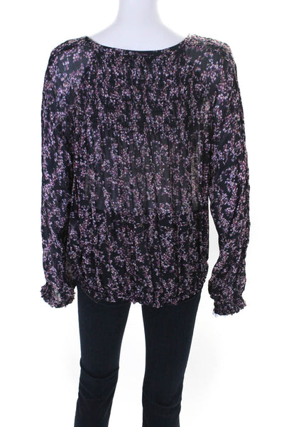 Rag & Bone Womens Black Pink Floral Scoop Neck Long Sleeve Blouse Top Size L