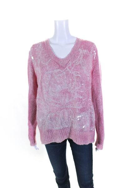 Avant Toi Womens Sequined Long Sleeves V Neck Sweater Pink Cotton Size Small