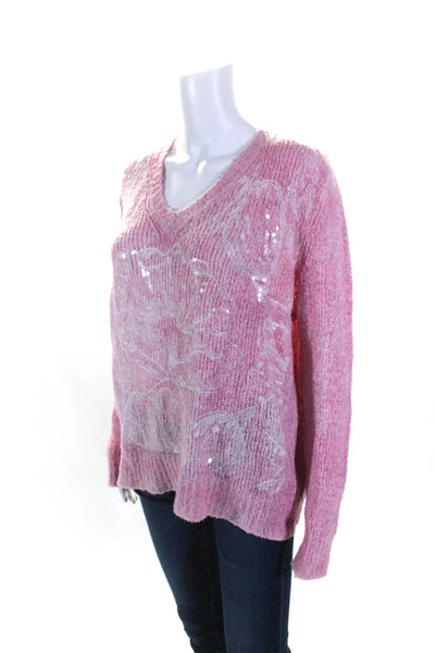 Avant Toi Womens Sequined Long Sleeves V Neck Sweater Pink Cotton Size Small