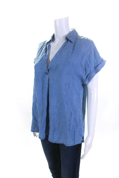 Mine Womens Blue Chambray V-Neck Collar Short Sleeve Blouse Top Size S