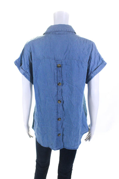Mine Womens Blue Chambray V-Neck Collar Short Sleeve Blouse Top Size S