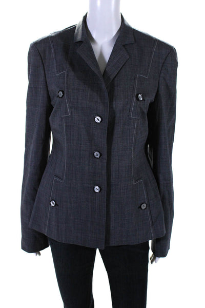 Carolina Herrera Womens Three Button Notched Lapel Blazer Jacket Blue Wool 12