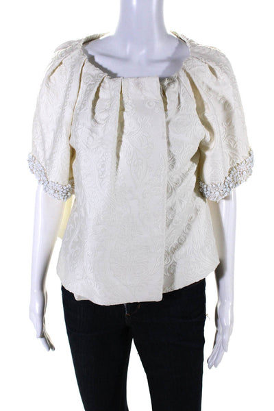 Giambattista Valli Womens Beaded Short Sleeve Jacquard Jacket White Size IT 46