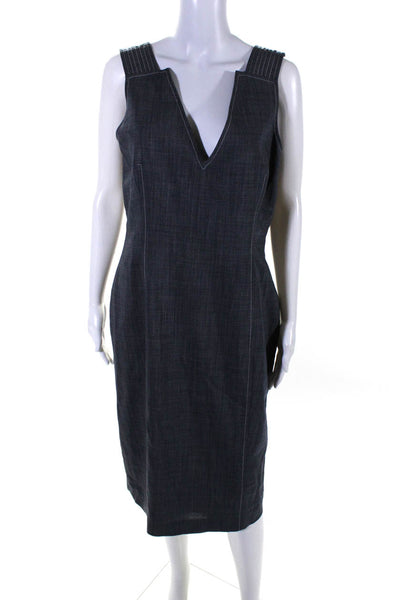 Carolina Herrera Womens Back Zip V Neck Sheath Dress Navy Blue Wool Size 12