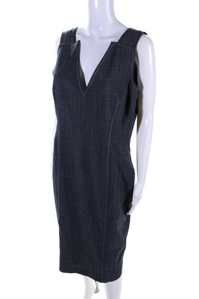 Carolina Herrera Womens Back Zip V Neck Sheath Dress Navy Blue Wool Size 12