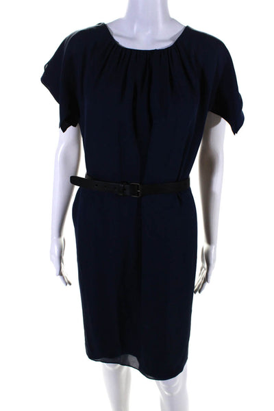 Derek Lam Womens Short Sleeve Scoop Neck Belted Silk Dress Navy Blue Size 8