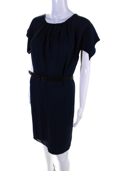 Derek Lam Womens Short Sleeve Scoop Neck Belted Silk Dress Navy Blue Size 8