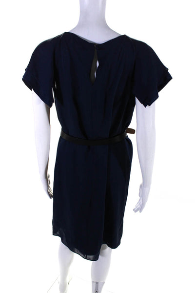 Derek Lam Womens Short Sleeve Scoop Neck Belted Silk Dress Navy Blue Size 8