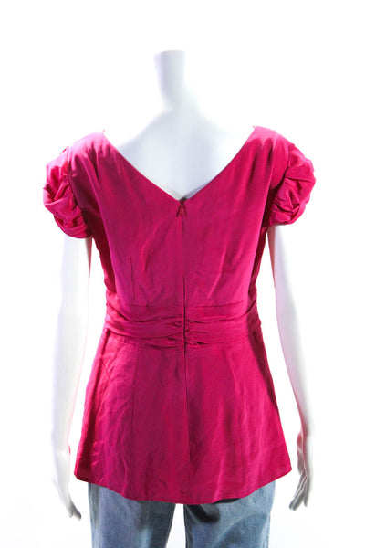 Nanette Lepore Womens Back Zip Short Sleeve Silk V Neck Top Pink Size 8