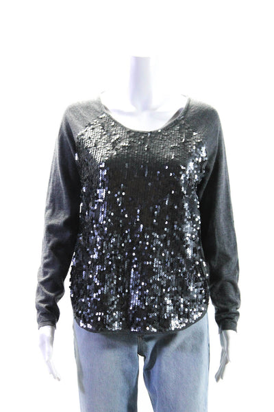 Milly Womens Long Sleeve Scoop Neck Sequin Merino Wool Sweater Gray Size Medium