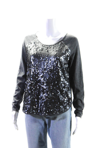 Milly Womens Long Sleeve Scoop Neck Sequin Merino Wool Sweater Gray Size Medium