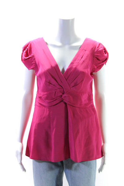 Nanette Lepore Womens Back Zip Short Sleeve Twist Front Silk Top Pink Size 10