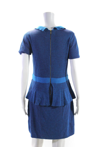 Nanette Lepore Womens Zip Up Short Sleeve Ribbed V Neck Dress Blue Purple Medium