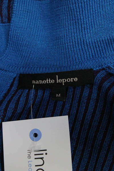 Nanette Lepore Womens Zip Up Short Sleeve Ribbed V Neck Dress Blue Purple Medium