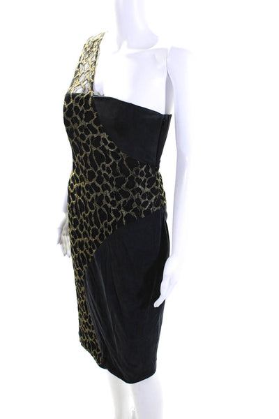 Christian Cota Womens Metallic Lace One Shoulder Sheath Dress Black Gold Size 6