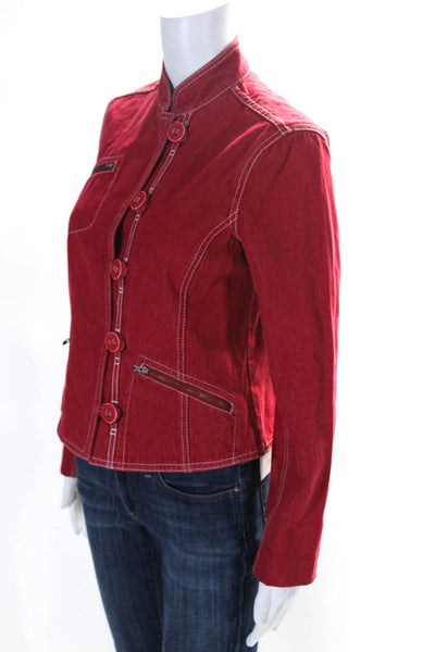 French Connection Jeans Womens Button Front Collarless Jean Jacket Red Size 8