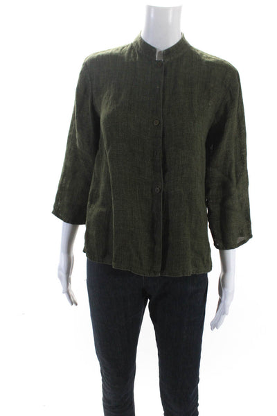 Eileen Fisher Womens Linen Buttoned Round Neck Long Sleeve Top Green Size XS