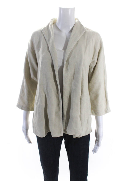 Eileen Fisher Womens Linen Open Front Long Sleeve Collared Jacket Beige Size XS