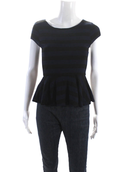 Alice + Olivia Womens Short Sleeve Striped Peplum Blouse Blue Black Size XS