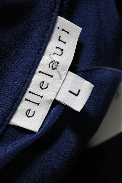 Ellelauri Women's Round Neck Sleeveless Button Down Silk Shirt Navy Blue Size L