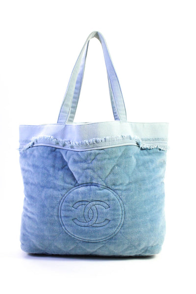 Chanel Womens Quilted Velour CC Canvas Fringe Top Handle Tote Handbag Light Blue