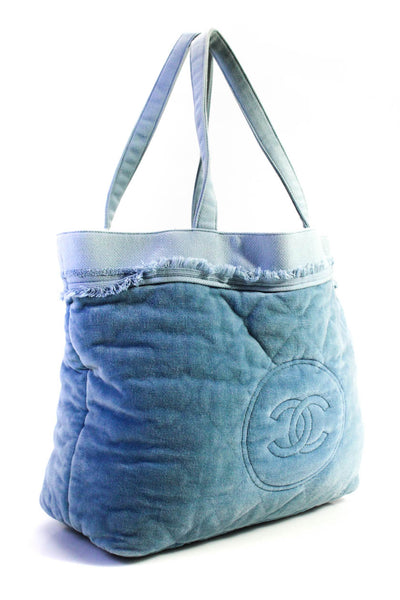 Chanel Womens Quilted Velour CC Canvas Fringe Top Handle Tote Handbag Light Blue