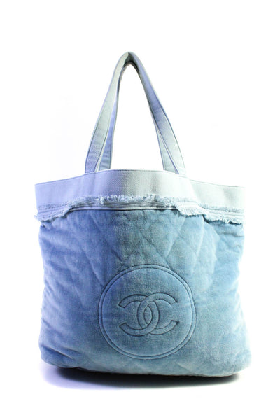 Chanel Womens Quilted Velour CC Canvas Fringe Top Handle Tote Handbag Light Blue