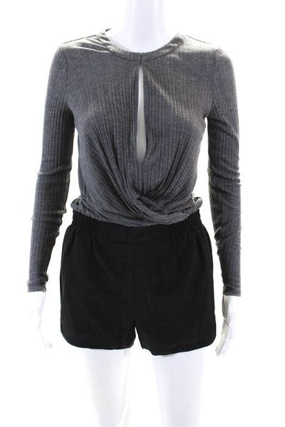 Thakoon Addition Womens Rib Knit Keyhole Long Sleeve Romper Black Gray Size 0