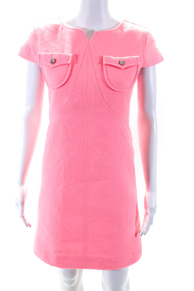 Courreges Womens Cap Sleeve Split Crew Neck Sheath Dress Hot Pink Size FR 40