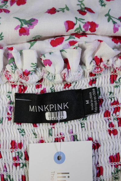MINKPINK Womens Smocked Floral Ruffle Off Shoulder Mini Dress White Red Medium