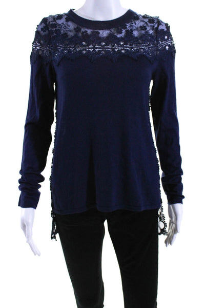 Elie Tahari Womens Crochet Long Sleeves Sweater Navy Blue Wool Size Extra Small