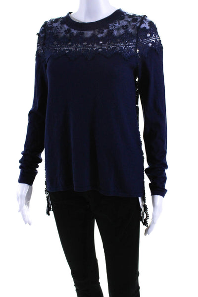 Elie Tahari Womens Crochet Long Sleeves Sweater Navy Blue Wool Size Extra Small