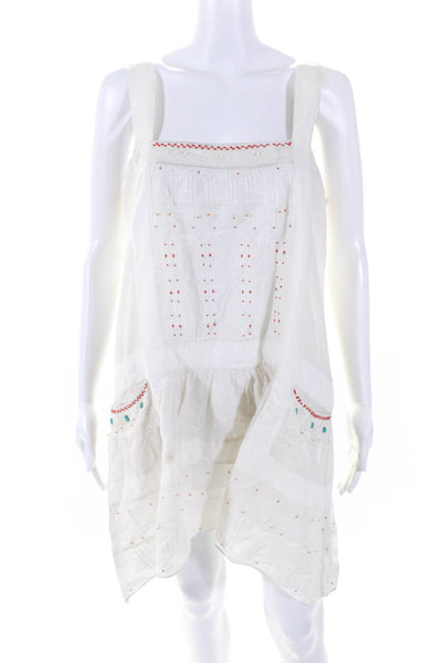 Megan Park Womens Sleeveless Square Neck Embroidered Dress White Cotton Size 0