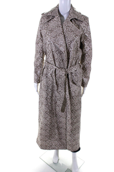 Michael Lo Sordo Women Faux Leather Snakeskin Print Belted Overcoat Brown Size 6