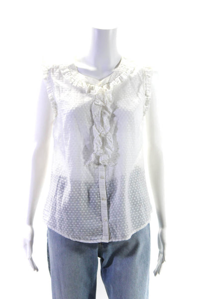 J Crew Womens Button Front Ruffled Dotted Sheer Top Blouse White Cotton Size 12