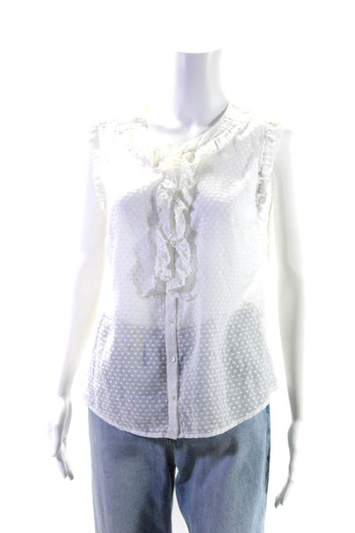 J Crew Womens Button Front Ruffled Dotted Sheer Top Blouse White Cotton Size 12