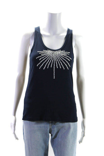 Tory By TRB Womens Scoop Neck Metallic Burst Tank Top Navy Blue Cotton Large